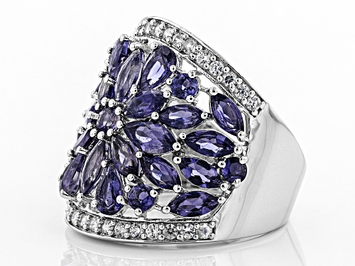 3.38ctw pear shape, marquise & round iolite with .58ctw round white zircon rhodium over silver ring - Size 8