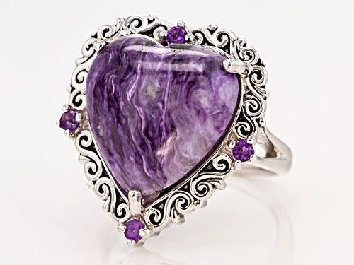16X15mm charoite with .11ctw African amethyst rhodium over sterling silver ring - Size 7