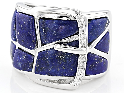 Free-Form Lapis Lazuli With .08ctw Zircon Rhodium Over Sterling Silver Belt Band Ring - Size 6