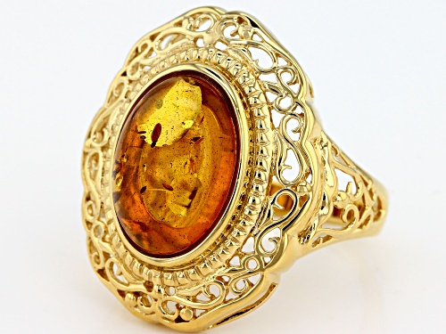 14X10mm oval cabochon amber solitaire 18k yellow gold over sterling silver ring - Size 6