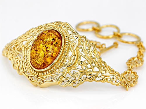 18X13mm oval cabochon amber solitaire 18k yellow gold over sterling silver bracelet - Size 7.25