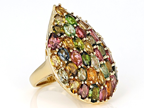 7.06ctw Oval & .68ctw Pear Shape Multi-Color Tourmaline 18k Yellow Gold Over Silver Ring - Size 5