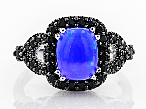 1.10ct Rectangular Cushion Blue Opal & .63ctw Black Spinel Sterling Silver Ring - Size 5