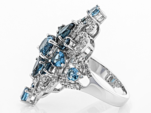 3.87ctw London Blue & 1.07ctw White Topaz with .03ctw 4 Blue Diamond Accent Rhodium Over Silver Ring - Size 6