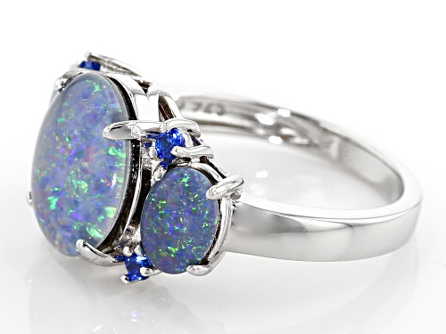 AUSTRALIAN OPAL TRIPLET WITH .11CTW LAB CREATED BLUE SPINEL RHODIUM OVER SILVER RING - Size 5