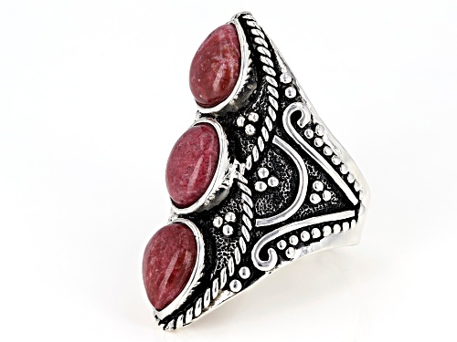 9x7mm Pear Shape & Oval Thulite Rhodium Over Sterling Silver 3-Stone Ring - Size 6