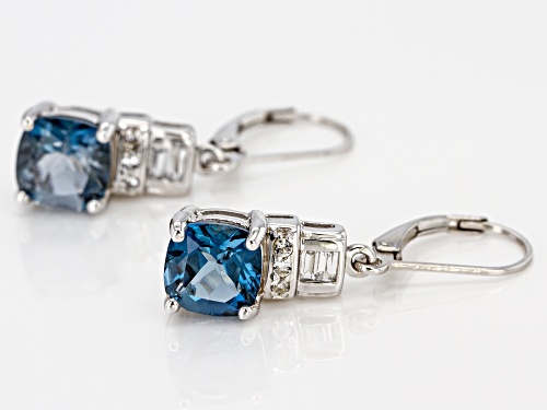 Pre-Owned 4.16CTW CUSHION LONDON BLUE TOPAZ WITH .23CTW WHITE TOPAZ RHODIUM OVER SILVER EARRINGS