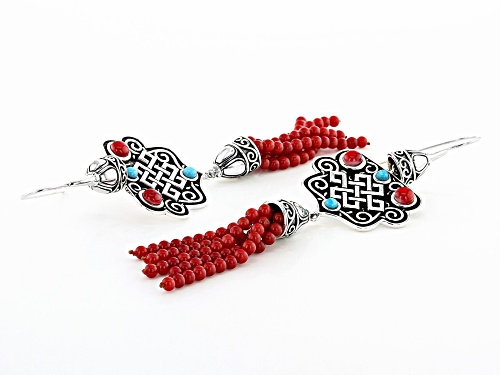 Pre-Owned Global Destinations™ Coral and Turquoise Rhodium Over Sterling Silver Bead Tassel Earrings