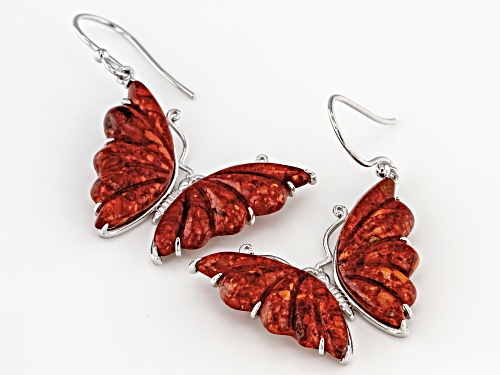 Pre-Owned Southwest Style By JTV™ Carved Red Sponge Coral Rhodium Over Sterling Silver Butterfly Ear