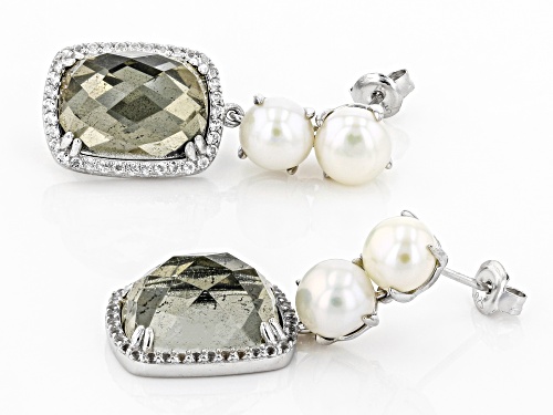 Pre-Owned 6.5-7mm White Cultured Freshwater Pearl With Topaz & Pyrite Doublet Rhodium over Silver Ea