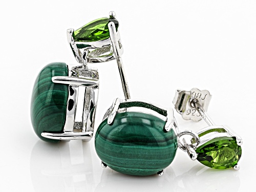 Pre-Owned 10x8mm Malachite With .92ctw Shape Russian Chrome Diopside Rhodium Over Silver Dangle Earr
