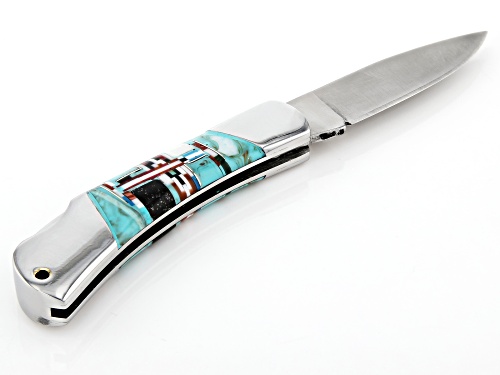 Pre-Owned Southwest Style By JTV™ Turquoise Simulant And Mixed Gem Simulant Stainless Steel Pocket K