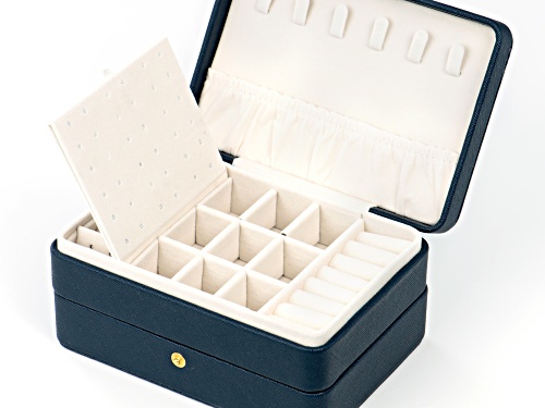 Pre-Owned Blue Color 3 Layer Jewelry Box appx 6.7x4.7x3.14