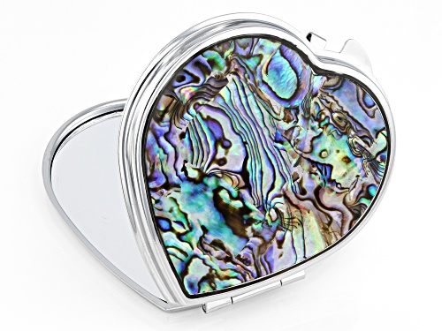 Pre-Owned Pacific Style™ 63x54mm Abalone Shell Silver Tone Heart Compact Mirror
