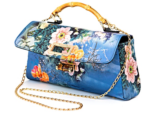 Pre-Owned Pacific Style™ Floral Bamboo Handle Gold Tone Fabric Clutch