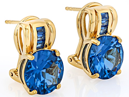 Pre-Owned 6.55ctw Round & 0.20ctw Baguette Lab Created Blue Spinel 18k Yellow Gold Over Silver Earri