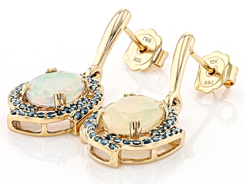 Pre-Owned 2.84ctw Oval Ethiopian Opal With 0.61ctw Round Blue Diamond 10K Yellow Gold Earring
