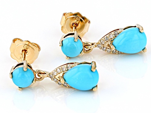 Pre-Owned 5mm, 8x6mm Sleeping Beauty Turquoise And 0.07ctw White Diamond 14k Yellow Gold Dangle Earr