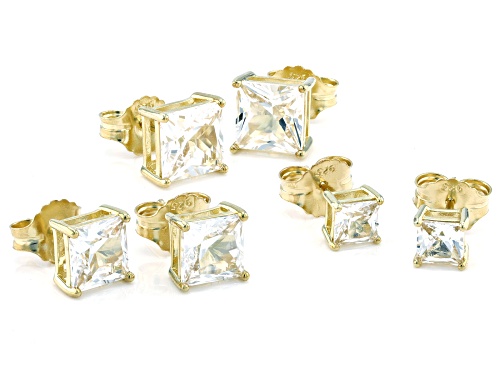 Pre-Owned 10.87ctw Square Lab Created Sapphire 18k Yellow Gold Over Sterling Silver Set of 3 Stud Ea