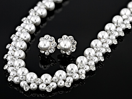 Pre-Owned Off Park® Collection Glass Crystal With Imitation Pearl Silver Tone Necklace and Earring S