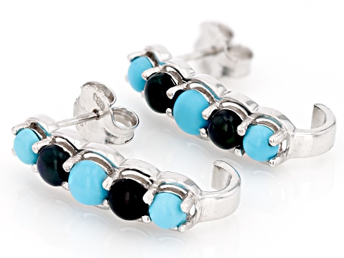 Pre-Owned Round Cabochon Turquoise With 1.36ctw Black Ethiopian Opal Rhodium Over Silver J-Hoop Earr