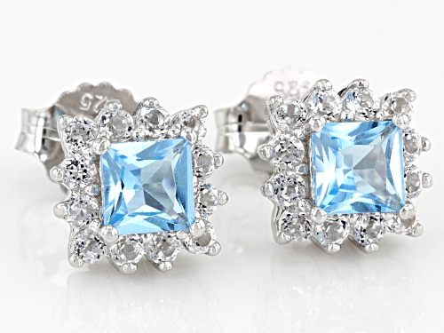 Pre-Owned 1.26ctw Square Swiss Blue Topaz With 0.94ctw White Topaz Rhodium Over Silver Stud Earrings