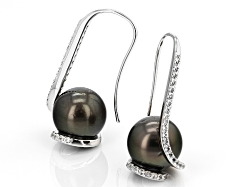 Pre-Owned 10.5-11mm Cultured Tahitian Pearl & White Topaz Rhodium Over Sterling Silver Earrings