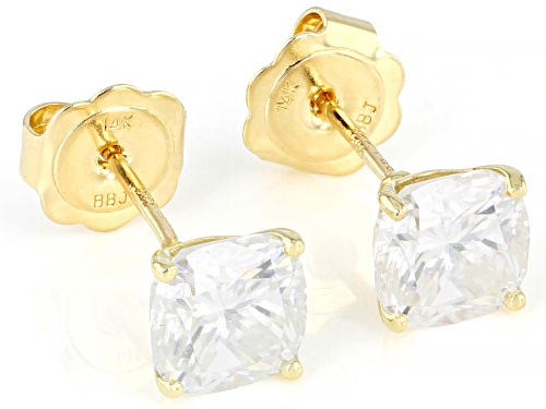 Pre-Owned MOISSANITE FIRE(R) 2.60CTW DEW CUSHION CUT 14K YELLOW GOLD STUD EARRINGS
