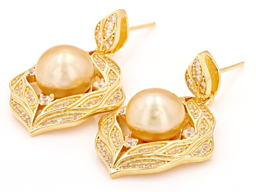 Pre-Owned 9-10mm Golden Cultured South Sea Pearl and White Zircon 18k Yellow Gold Over Silver Earrin