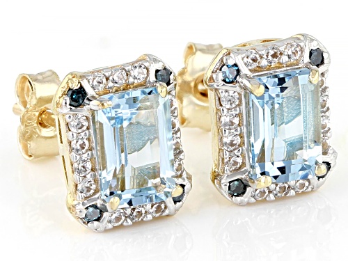 Pre-Owned 0.80ctw Aquamarine With 0.35ctw Accent White Zircon And 0.04ctw Blue Diamond 10k Gold Earr