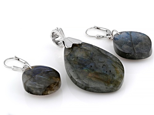 Pre-Owned Labradorite Rhodium Over Sterling Silver Pendant Enhancer and Earrings Set