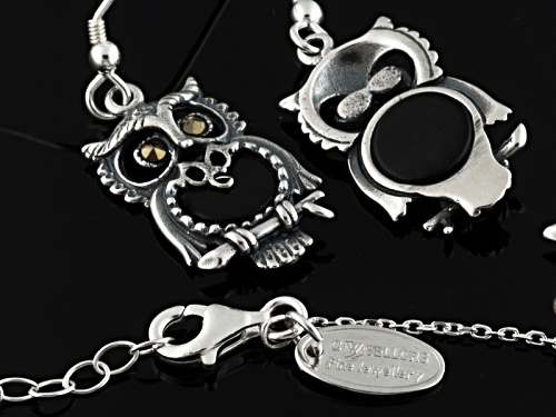 Pre-Owned Whitby Jet 7 And 15mm Round Cabochon Ster Silver Owl Earrings And Pendant With Chain W. Ha