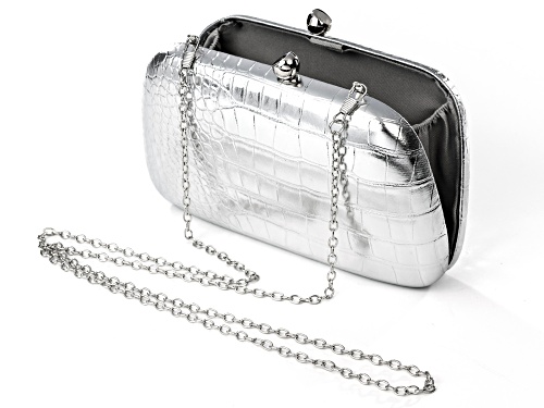 Pre-Owned Off Park® Collection Crocodile Print Faux Leather Silver Tone Clutch