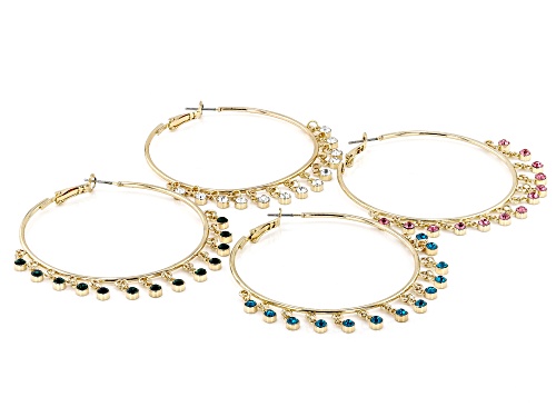 Pre-Owned Off Park® Collection Blue, White, Green &; Pink Crystal Gold Tone Hoop Earrings Set of 4