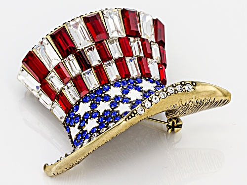 Pre-Owned Off Park® Collecion Multi-Color Crystal White Enamel Antiqued Gold Tone Patriotic Hat Broo