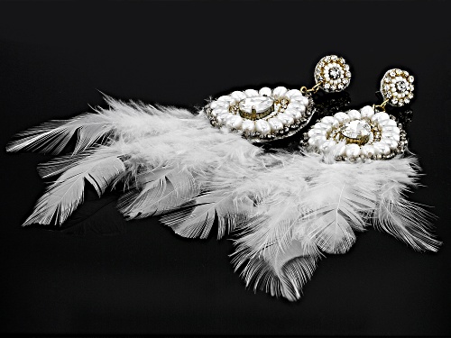 Pre-Owned Off Park® Collection Glass Crystal With Imitation Pearl & Faux Feather Gold Tone Dangle Ea