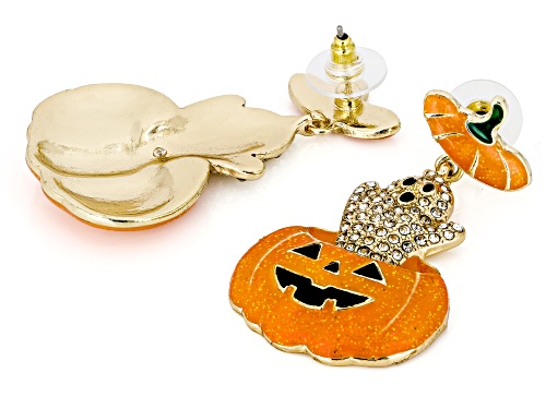 Pre-Owned Whimsical Wishes™ Crystal & Enamel Gold Tone Ghost Jack-O-Lantern Earrings