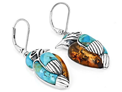 Pre-Owned Mixed Fancy Shape Turquoise with Amber Sterling Silver Bird Dangle Earrings