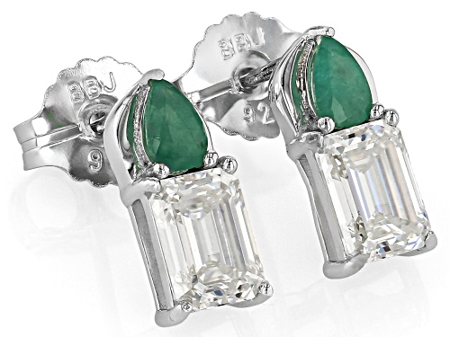 Pre-Owned 2.52ct Emerald Cut Strontium Titanite With .32ctw Emerald Rhodium Over Silver Earrings