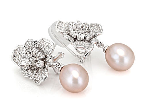 Pre-Owned 9mm Pink Cultured Freshwater Pearl With 2.16ctw Topaz Rhodium Over Sterling Earrings