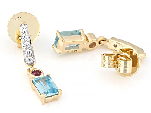 Pre-Owned 1.52ctw Blue Zircon With 0.10ctw Blush Garnet And 0.19ctw White Zircon 10k Yellow Gold Ear