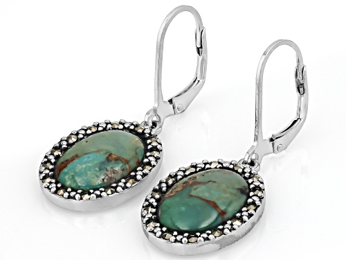 Pre-Owned 14x10mm Oval Cabochon Turquoise With Round Marcasite Sterling Silver Earrings