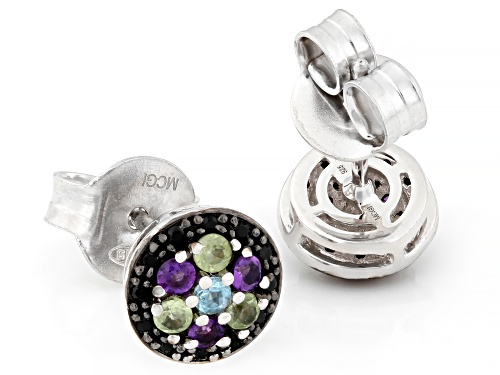 Pre-Owned 0.48ctw Swiss Blue Topaz, Amethyst, Peridot With Black Spinel Rhodium Over Silver Stud Ear