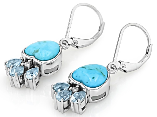 Pre-Owned 8mm Heart Turquoise, .87ctw Glacier Topaz™,.29ctw White Zircon Rhodium Over Silver Earring