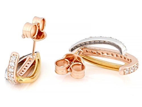 Pre-Owned 0.69ctw White Zircon Rhodium, 18k Rose and Yellow Gold Over Sterling Silver Tri-Color Earr