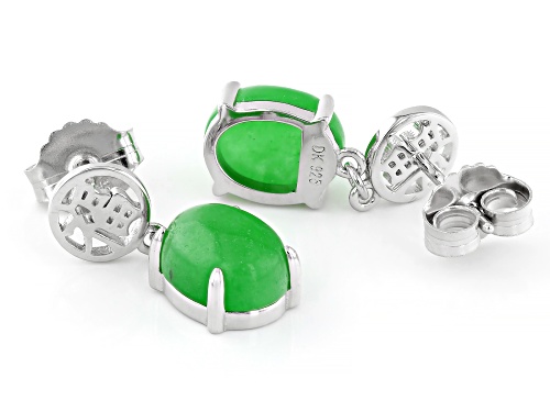 Pre-Owned 10x8mm Oval Green Jadeite Rhodium Over Sterling Silver Earrings