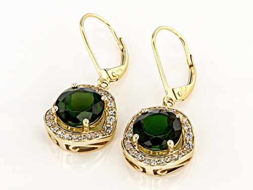 Pre-Owned 3.61ctw Round Chrome Diopside and .58ctw Round White Zircon 14k Yellow Gold Dangle Earring