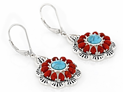 Pre-Owned Southwest Style by JTV™ 7mm Turquoise with Pear Shape Coral Sterling Silver Earrings
