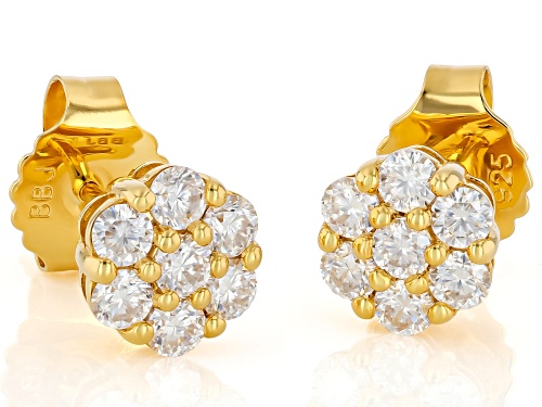 Pre-Owned MOISSANITE FIRE® 0.84CTW DEW ROUND 14K YELLOW GOLD OVER SILVER EARRINGS
