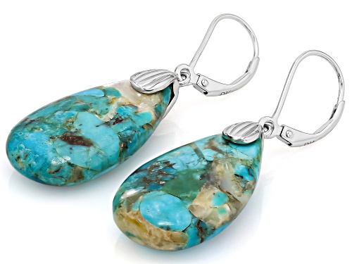 Pre-Owned Southwest Style by JTV™ 25x15mm Blended Turquoise & Mother-of-Pearl Rhodium Over Silver Ea